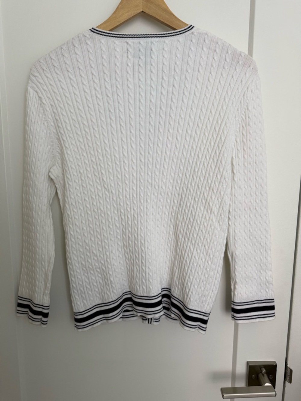 Vintage Lauren Ralph Lauren - Cable Knit Cardigan - Cream with Navy Trim - Picture 8 of 11